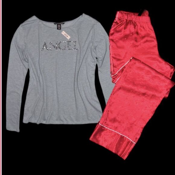 Victorias Secret Silky Satin thick pants & soft bling Angel top pajama set red L - Picture 9 of 13